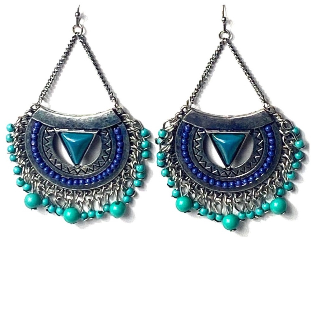 Silver Beaded Boho Long Earrings